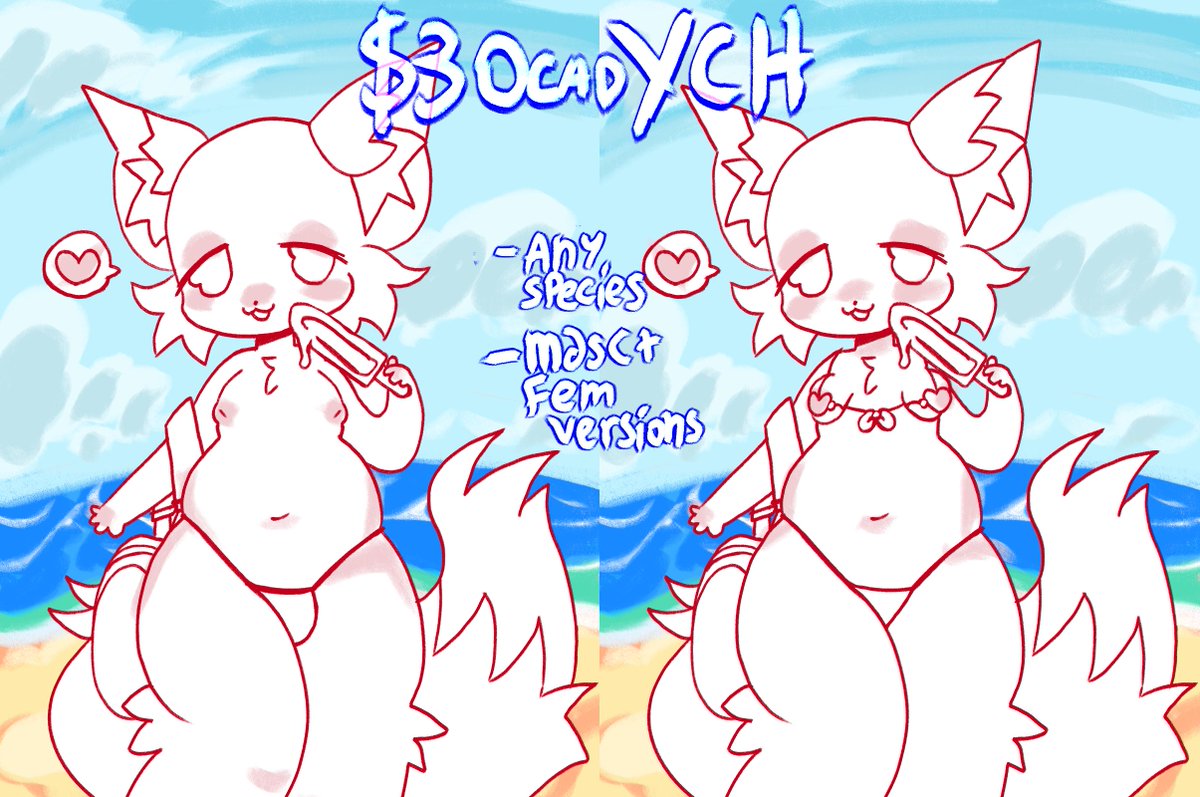 Beach Dayy FURRY YCH !!
~ $30 CAD
~ 3 available slots !!
~ MASC n FEM versions available!
Please DM me if you are interested! 