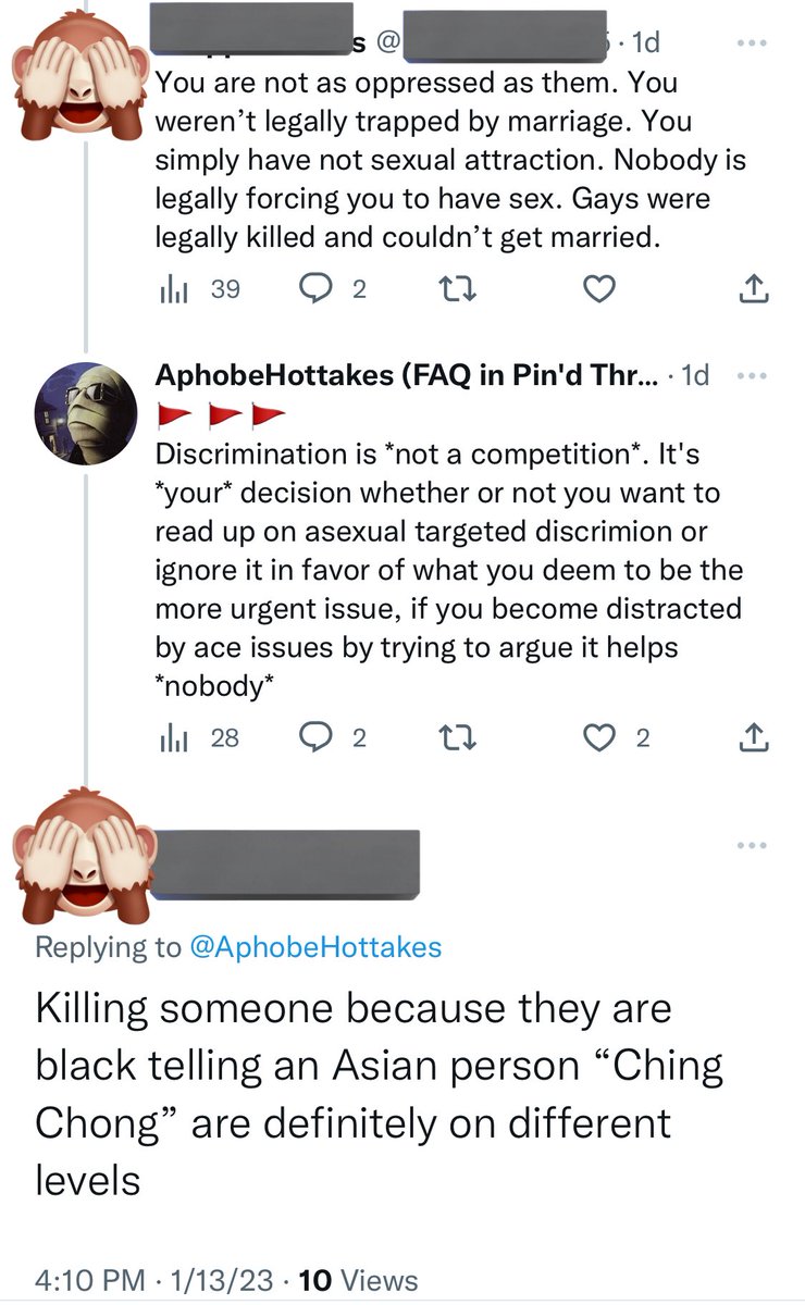 AphobeHottakes's tweet photo. Dude, what? *all* of that shit is bad, why are you trying to being weird about it? Killing ppl is bad, targeting ppl with pejorative language is bad, minimizing discrimination is ALL BAD THINGS. "Less bad" is still bad and it's bad when people do it!

KW: "just wanna be oppressed https://t.co/J1aD71gtPX