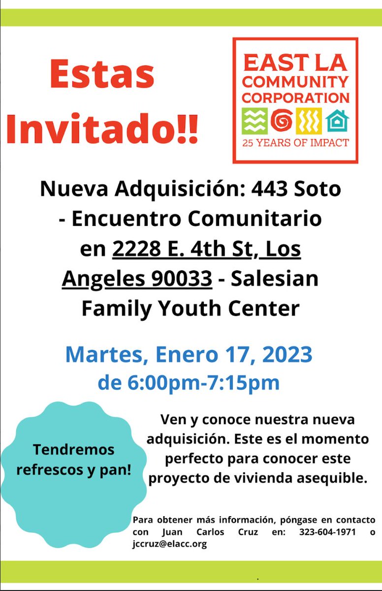 East LA Community Corporation (ELACC) purchased a lot that is approximately 1.23 acres, located on 443 Soto St, in Boyle Heights. They will hold a community meeting on January 17th to discuss this development project at the Salesian Family Youth Center! #boyleheights