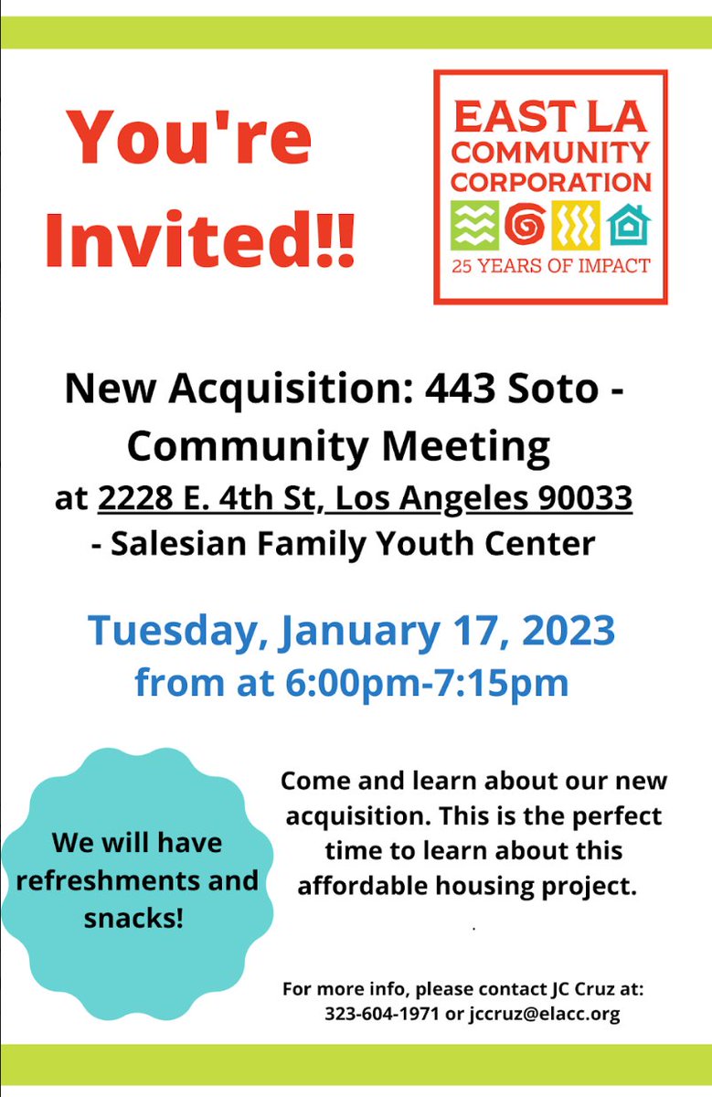 BoyleHeightsNC's tweet photo. East LA Community Corporation (ELACC) purchased a lot that is approximately 1.23 acres, located on 443 Soto St, in Boyle Heights. They will hold a community meeting on January 17th to discuss this development project at the Salesian Family Youth Center! #boyleheights https://t.co/YkXYML4Bd8