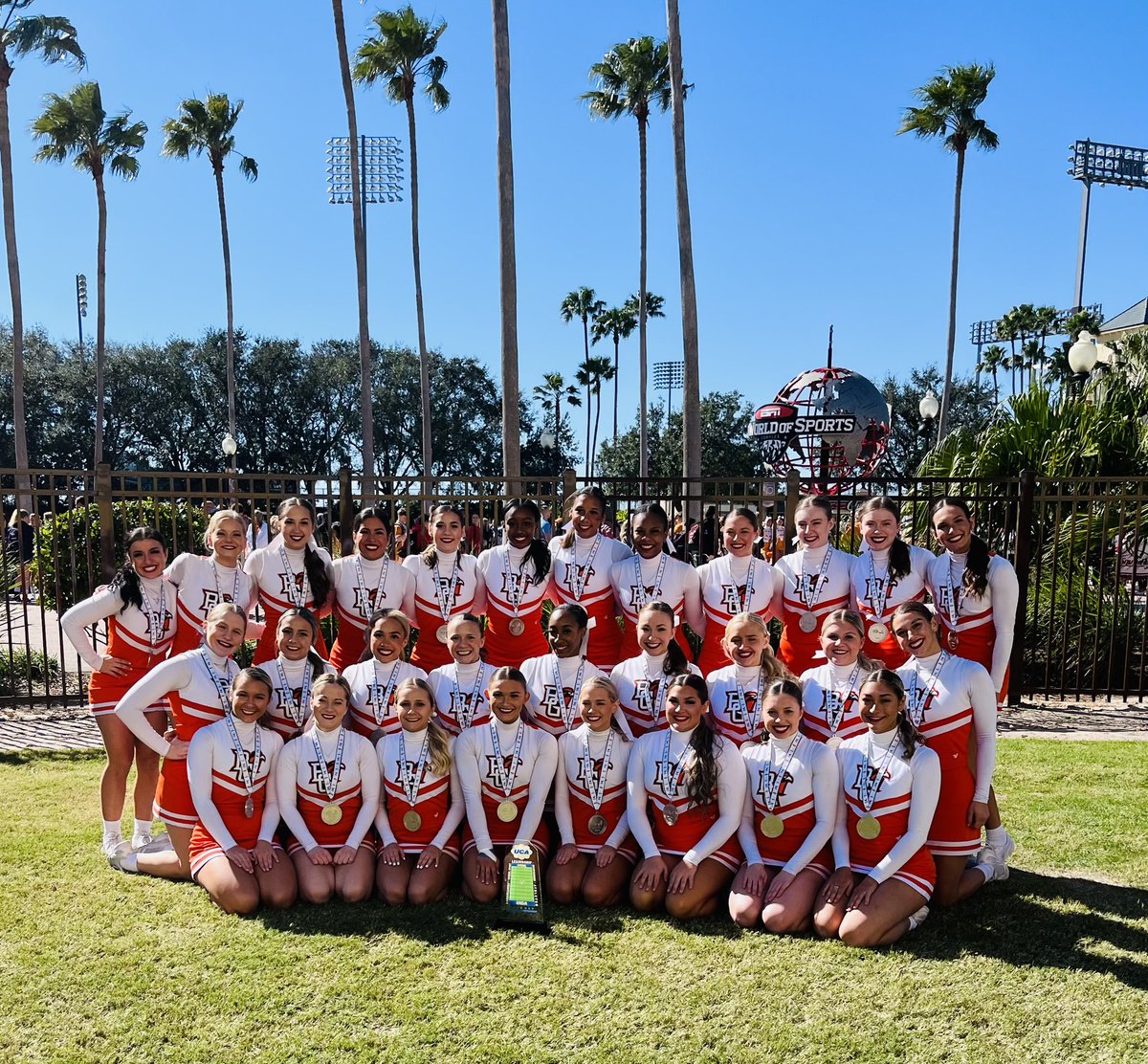 BGSU_Cheer's tweet photo. 2023 Silver Medalist in the All Girl Game Day D1A Division! 🥈

#WingsOut #AyZiggy https://t.co/1T5Osb3akC
