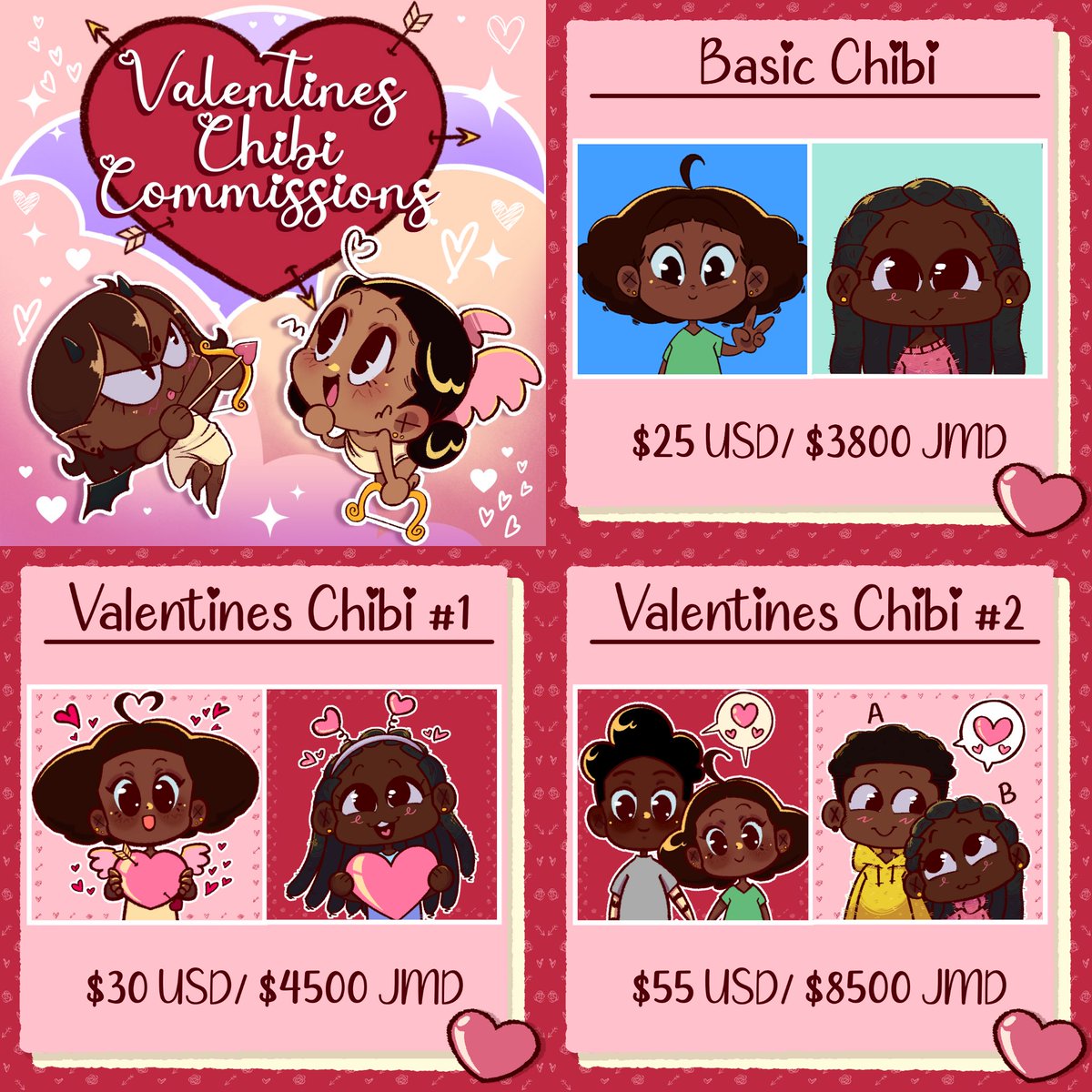 Dabilyn18's tweet photo. We're back with Valentines Chibi Commissions! Wanna cute gift for your special someone? how about an adorable chibi portrait of them or both of you! Show how much they mean to you with this gift to remember💘 

✨20 slots are available✨ click link in bio for commission form https://t.co/T992vU81hN