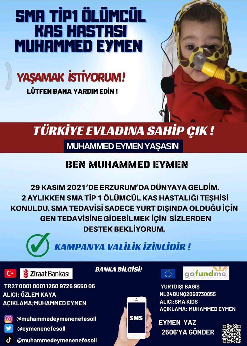 Göndereceğiniz 25 TL 'lik 1 SMS sizi öldürmez ama Muhammed Eymen'i yaşatır.
@eymenenefesol