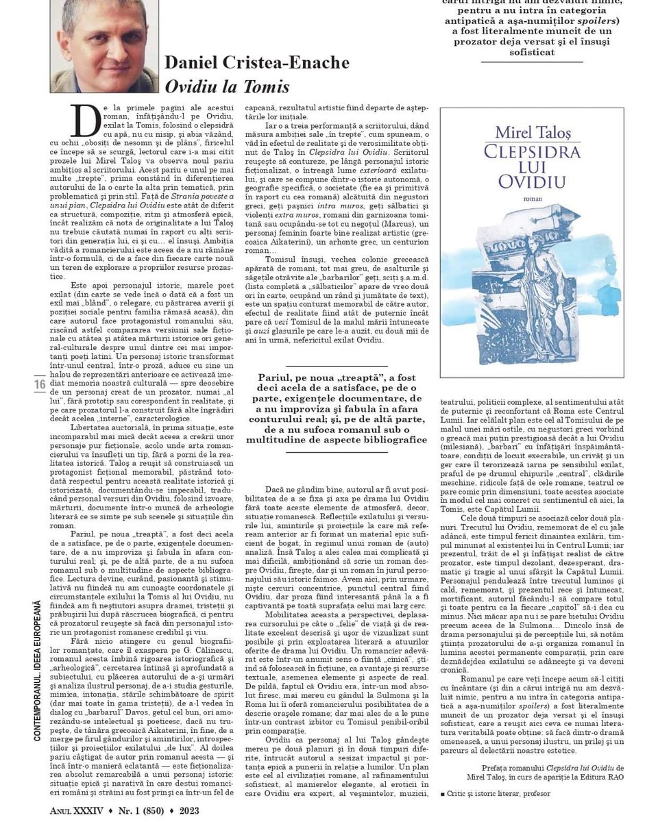 MirelTalos's tweet photo. Dragi prieteni, in numarul curent al Revistei "Contemporanul", istoricul si criticul literar Daniel Cristea-Enache a publicat prefata la romanul meu "Clepsidra lui Ovidiu", in curs de aparitie la Editura RAO. https://t.co/vaXFL5kn30