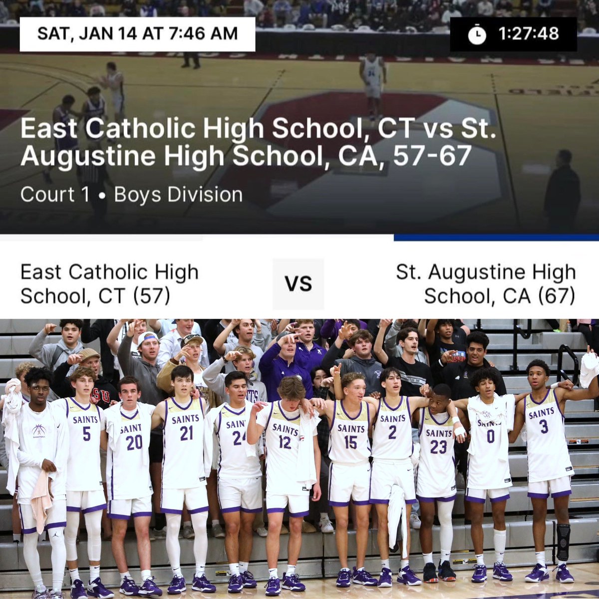 saints_info's tweet photo. Saints Basketball WON this morning vs East Catholic (CT) 57 to 67, at the @HoophallClassic in Springfield MA. Well deserved WIN for traveling 3,000 miles! We’re proud of you boys, safe travels home! #gosaints @Saints_ThePit @EC_Preps_SD @SportsOnTheSide @STASTRENGTH @KUSISports https://t.co/b2gFAn6MLN