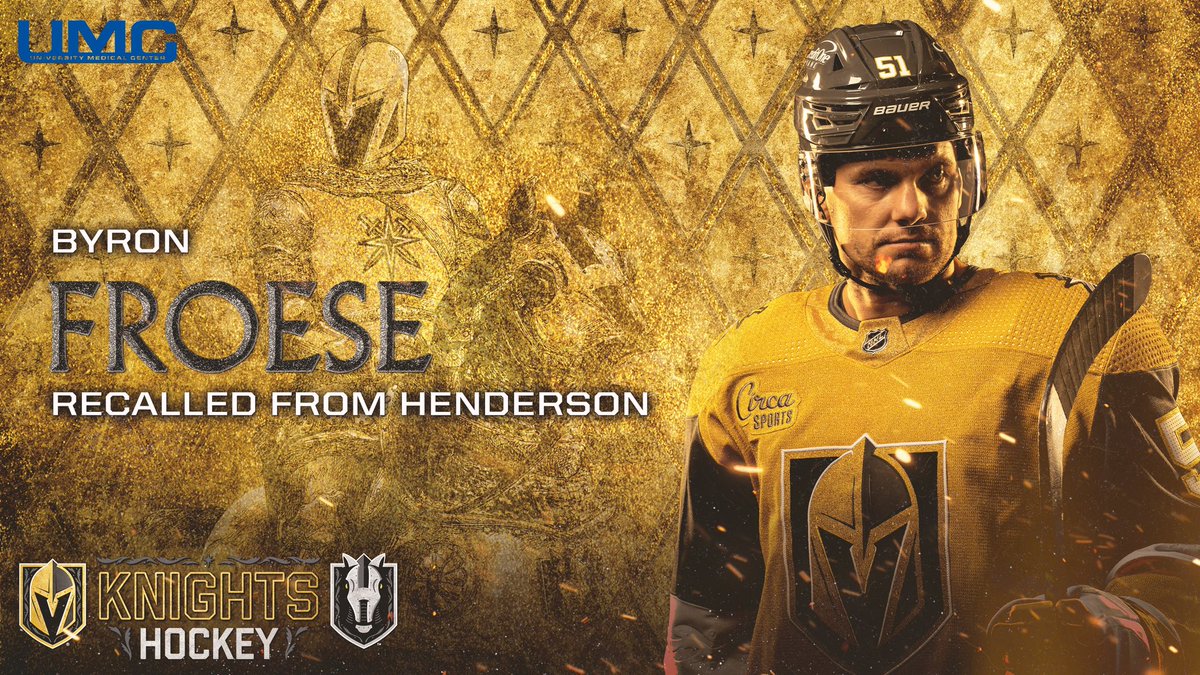 GoldenKnights's tweet photo. ⚔️ Byron Froese has been recalled from @HSKnights 

#VegasBorn | #HomeMeansHenderson https://t.co/7nWYIxJ2nl