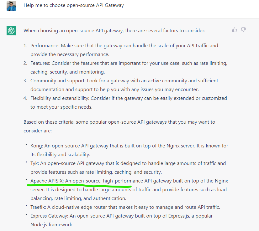 BoburUmurzokov's tweet image. ChatGPT also knows what are other best API Gateways😜
#ChatGPT #apisix
