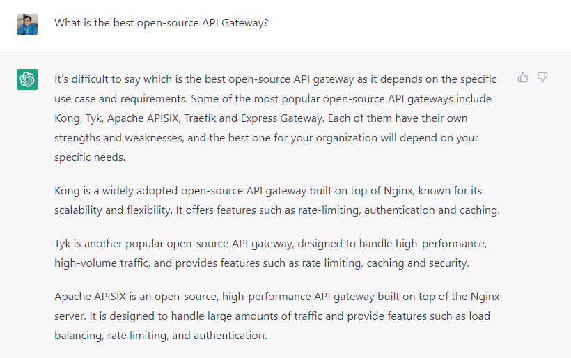 BoburUmurzokov's tweet image. ChatGPT also knows what are other best API Gateways😜
#ChatGPT #apisix