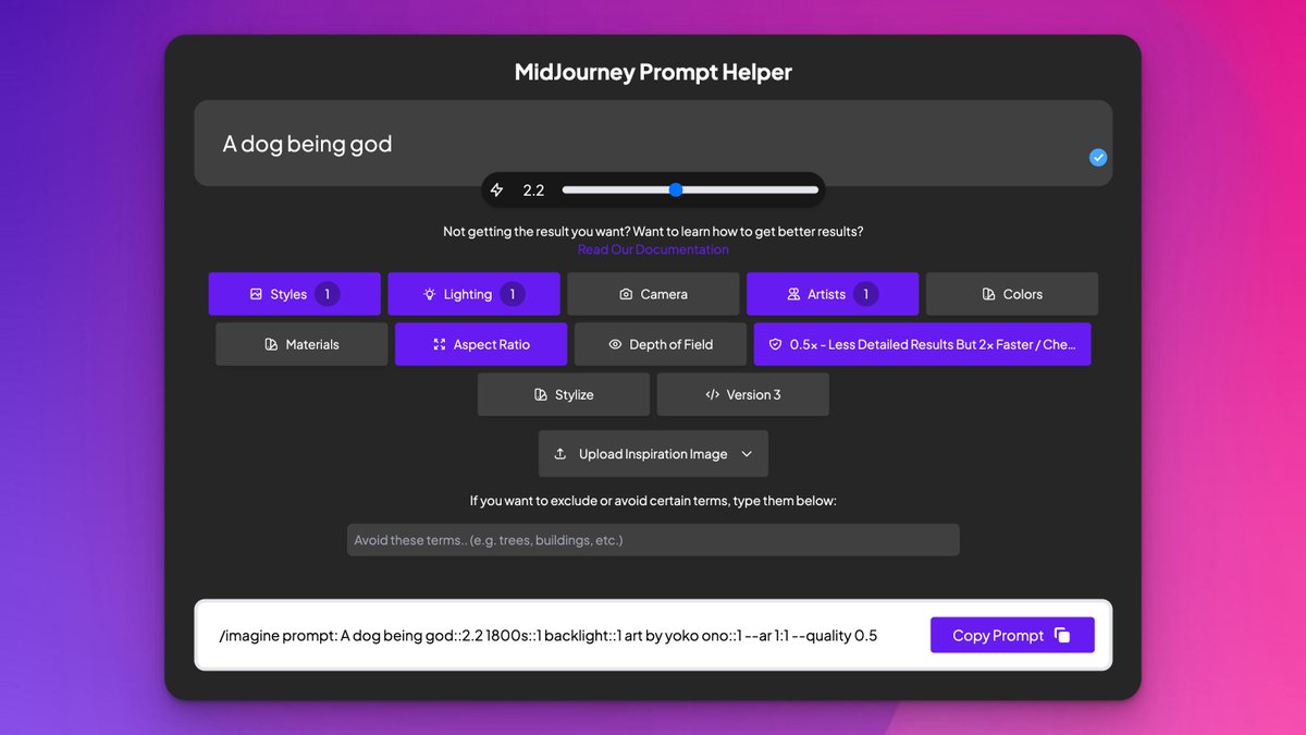 DataChaz's tweet photo. Prompt Noonshot is an #OpenSource tool that helps you generate complex @midjourney prompts in seconds, w/ easy parameters to tweak! 🤯

- Styles
- Lighting
- Camera
- Artists
- Materials
- Size
- Depth of Field
&amp; more!

🔗 https://t.co/JLWiEZ2NPb
🔗 Docs: https://t.co/HfJmrZRA4X https://t.co/uljE9qUD5J