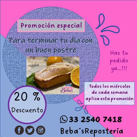 bebasreposteria's tweet photo. Ya estamos casi terminando la primera quincena de este 2023 y vengo con mucha energía para darte lo mejor, y quiero ponerme a sus órdenes con esta promoción permanente para ti.
Haz tu pedido con anticipación y estaremos gustosos de atenderte.
Ten un excelente día 🙏🏼🤟🏻😘☁️🦋 https://t.co/I94Yp0qdRA