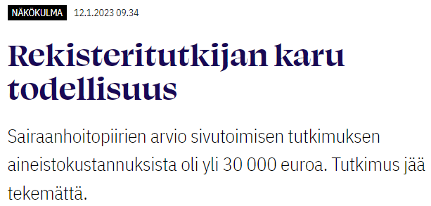 "Kunnes tuli toisiolaki. [...] Työ usein kyllä onnistuu Findatan kautta, mutta aiempaa heikommin ehdoin ja korkeammin hinnoin."

Neuroepidemiologi heitti hanskat tiskiin. 

#toisiolaki kaataa tutkimusta. Toivottavasti <a href="/HonkonenPetri/">Petri Honkonen</a> on ajan tasalla.

laakarilehti.fi/mielipide/reki…