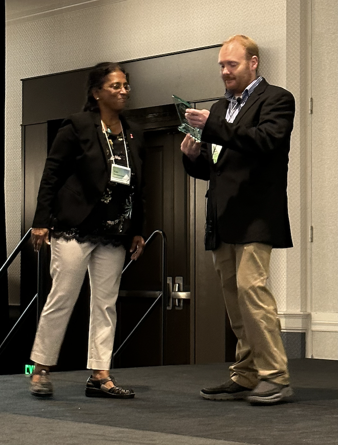 sgpombe's tweet photo. Dr. Vas Narayanaswami awards #CSUPERB Faculty Research Award to Dr. Jeffrey Gustafson ahead of his talk introducing molecular handedness and medical therapies referencing #methamphetamine #thalidomide #atropisomerism @GustafsonLab @sdsu @calstate https://t.co/ykiYX0ROen