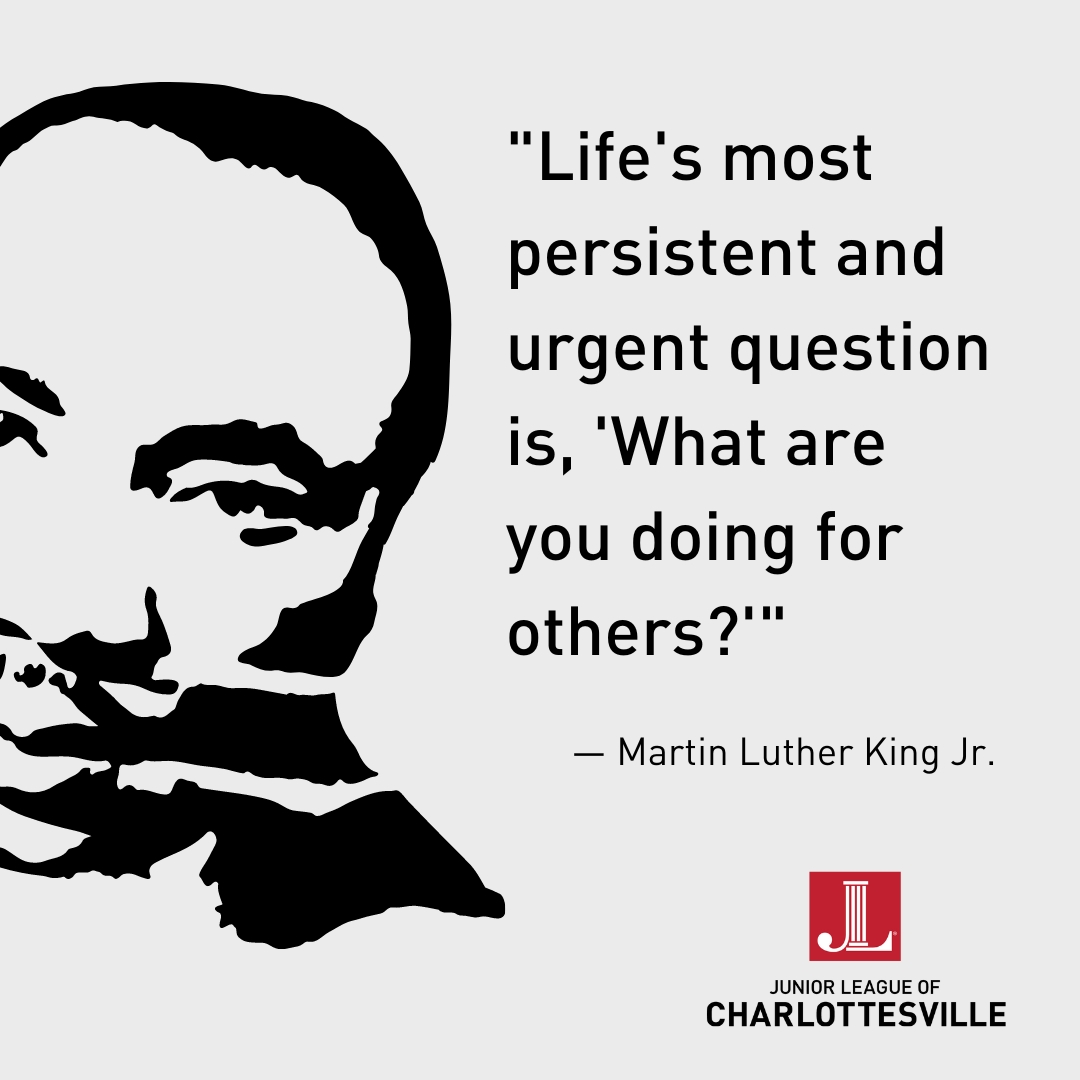JLCville's tweet photo. "Life's most persistent and urgent question is, 'What are you doing for others?'" – Martin Luther King, Jr.

Today, as we reflect on the legacy of Dr. Martin Luther King, Jr., may we all be inspired to take action and serve our communities.

#jlc #jlcville #volunteer #cville https://t.co/hFbMzigfWP