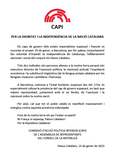 Josep Guia (@josepguia) on Twitter photo La Comissió d'Acció Política Interior <a href="/CxRcapi/">CdeRCAPI</a> de l'<a href="/ARepresentants/">Assemblea de Representants</a> del <a href="/ConsellRep/">Consell de la República Catalana</a> ha aprovat avui aquesta contundent crida a la protesta nacional catalana del proper 19G contra la reunió dels caps de govern ocupants franco-espanyols a Barcelona: La Comissió d'Acció Política Interior <a href="/CxRcapi/">CdeRCAPI</a> de l'<a href="/ARepresentants/">Assemblea de Representants</a> del <a href="/ConsellRep/">Consell de la República Catalana</a> ha aprovat avui aquesta contundent crida a la protesta nacional catalana del proper 19G contra la reunió dels caps de govern ocupants franco-espanyols a Barcelona: