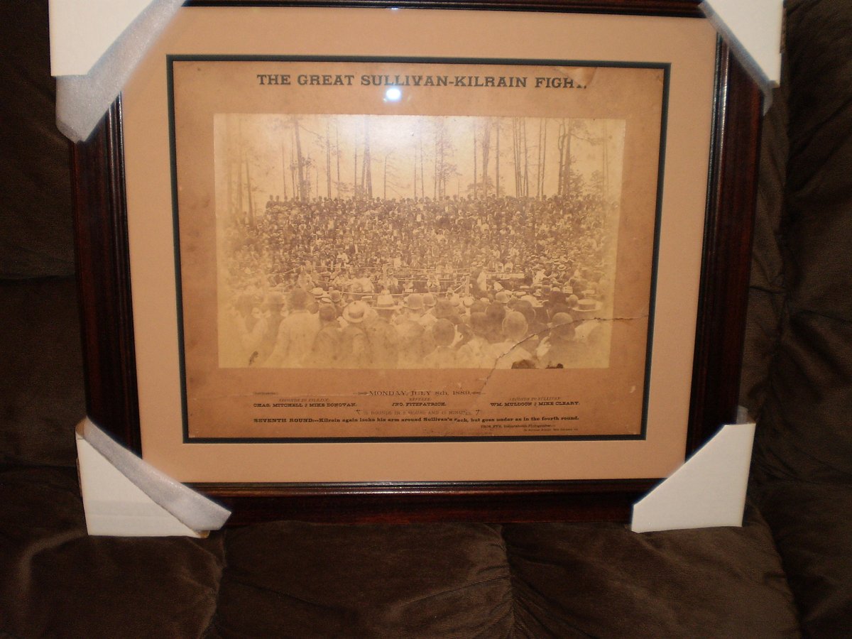 KNAPPCOLLECTION's tweet photo. July 8, 1889 - John L. Sullivan defeated Jake Kilrain in the last bare knuckle heavyweight championship - Ticket stub - Poster/Supplement - Original photo #BoxingTickets #BoxingPosters #JohnLSullivan #TheHobby #PSA #SGC https://t.co/pB4cxDC8nq
