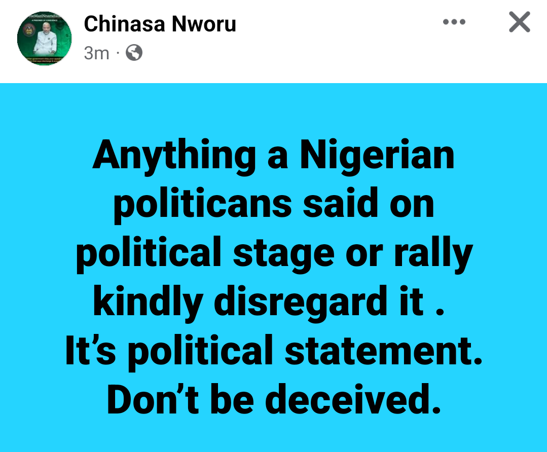 BiafranTweets's tweet photo. NEWS: On Biafra, MNK, Anything a Nigerian politician said on the political stage or rally kindly disregard it. It’s a political statement. Don’t be deceived! 

~ Mazi Chinasa Nworu @ChinasaNworu implied that action is needed not speech to gain social recognitions and relevant. https://t.co/FQeh7IAoT1