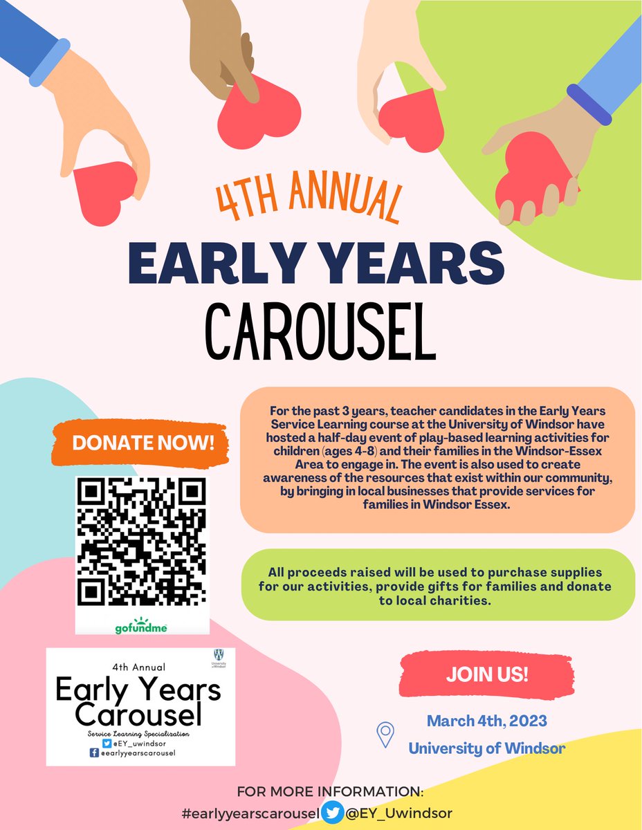 Help support the 4th Annual Early Years Carousel!💗 All proceeds will be used to purchase supplies, gifts for families, and donated to local charities in #windsoressex #yqg
See our link for more details👇🏼 gofund.me/0aa9bd47 Thank you for your support! @EY_uwindsor