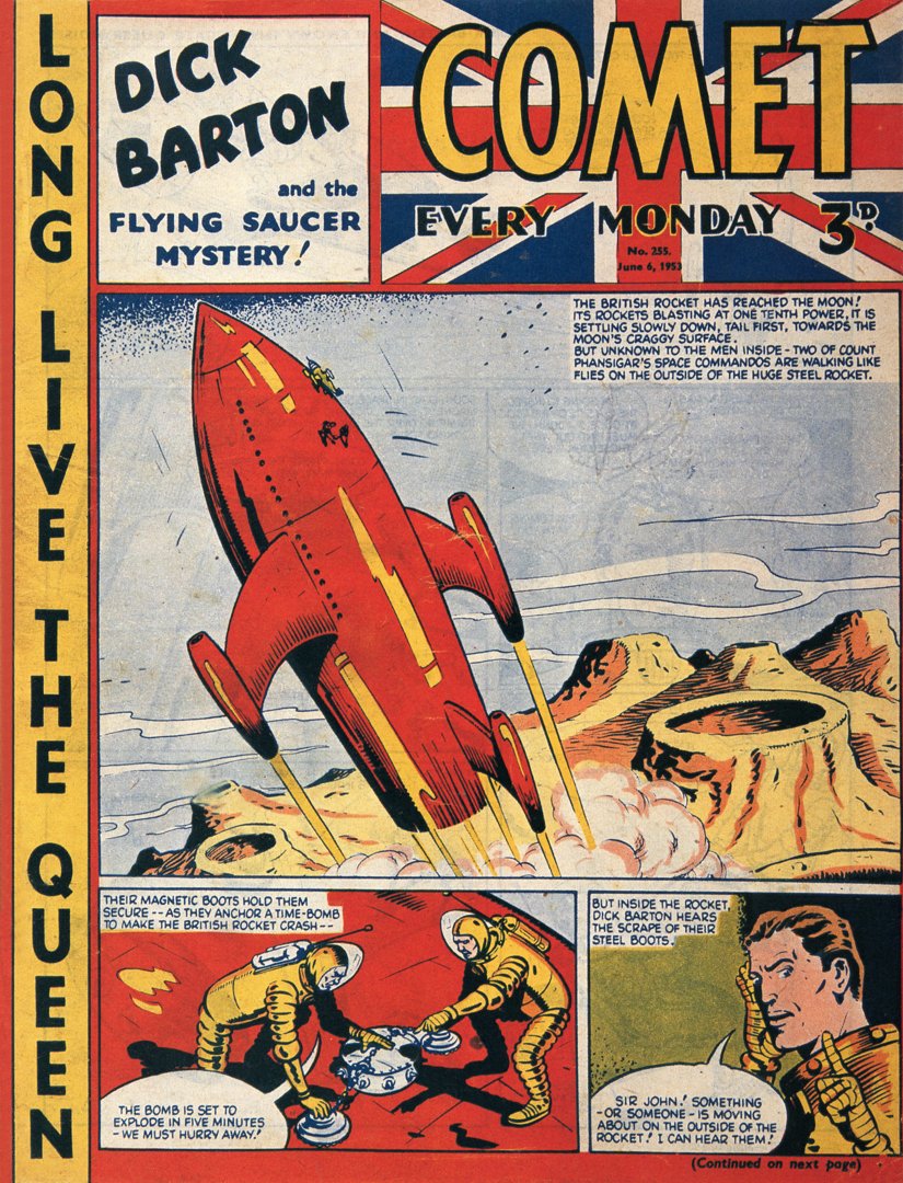 superfuturetro's tweet image. Dick Barton: Special Agent, by unknown artist, from Comet (1953), Amalgamated Press Ltd. (London).

#comics #comicart #retro #1950s #coverart #uk #britain #british #sciencefiction #scifi #sf #space #rocket
