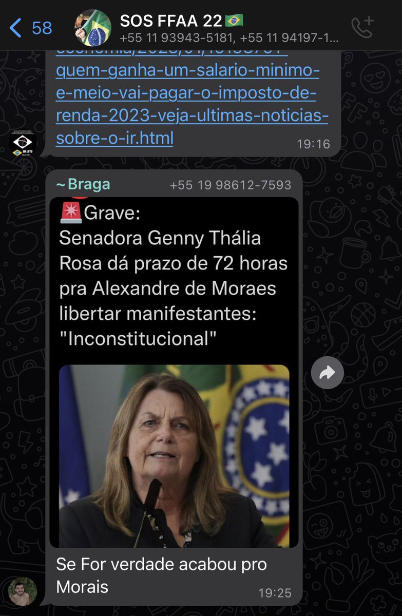 NP__Oficial's tweet photo. 🚨Grave:
Grupos de whatsapp bolsonaristas depositam esperanças na senadora Genny Thália Rosa : 'acabou pro Moraes ' https://t.co/vSvZMH9zDE