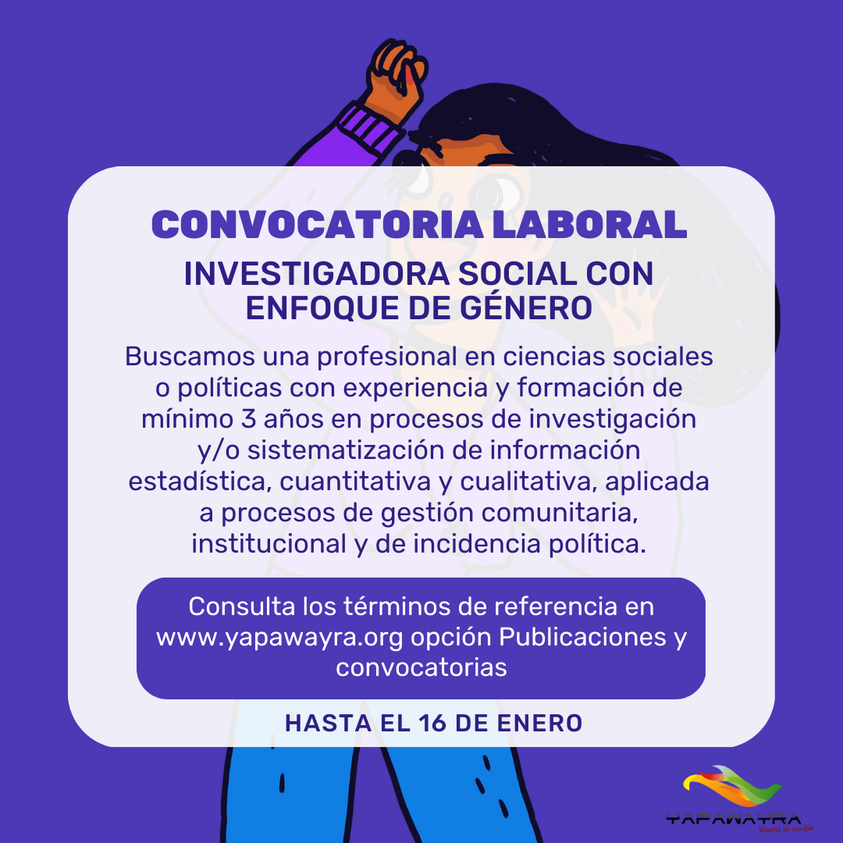 smsociologia's tweet photo. Convocatoria:
Profesional en ciencias sociales, mínimo 3 años de experiencia en investigación en procesos de gestión comunitaria, institucional e incidencia política.
Cierra lunes 16-enero
Fundación Yapawayra "Vientos de Cambio".
Info: https://t.co/8pmnhFqzPH... https://t.co/vT1YHaghxM