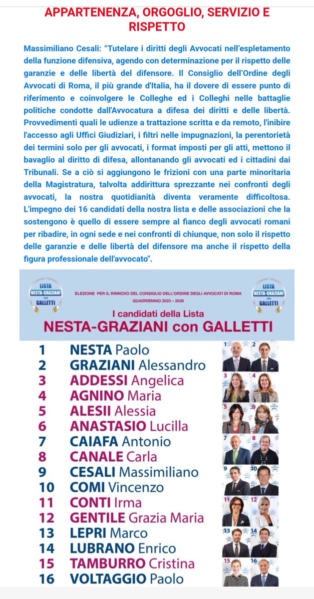 ✅ELEZIONE COA di Roma 2023-2026.
📌SI vota da lunedì 16 a venerdì 20 gennaio 8.30-14.00, Aula Avvocati Cassazione
Per proseguire nel rinnovamento invito a votare i nomi dei candidati dal numero 1 al 16. #ListaNestaGrazianiconGalletti <a href="/Movforense/">Movimento Forense</a> <a href="/radiotribunale/">RadioTribunale</a> <a href="/avvgalletti/">Antonino Galletti</a>