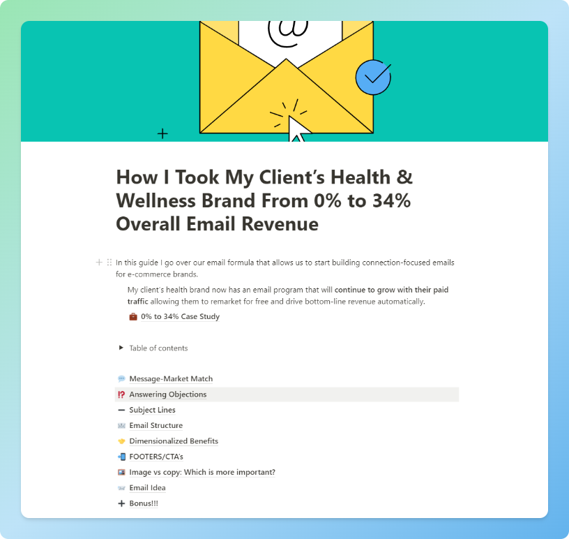 I've created a +2k-word Notion Guide going over the EXACT same process I used to take my client's E-com brand from 0% total email revenue to +34% within 2 months.

And I'm giving it away for FREE.

RT and comment "retention" and I'll DM it to you.

must be following for dm