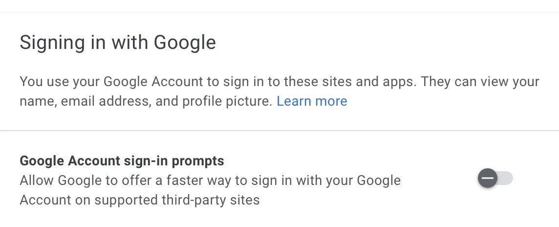methadata's tweet photo. RT @rmondello@hachyderm.io
If you’re annoyed by those floaty prompts on websites to sign into them with your Google Account, you can turn them off for your Google account! Link: https://t.co/Df4g21LOEB
https://t.co/nrkGQl3WOE https://t.co/9dHtuF3ZWB