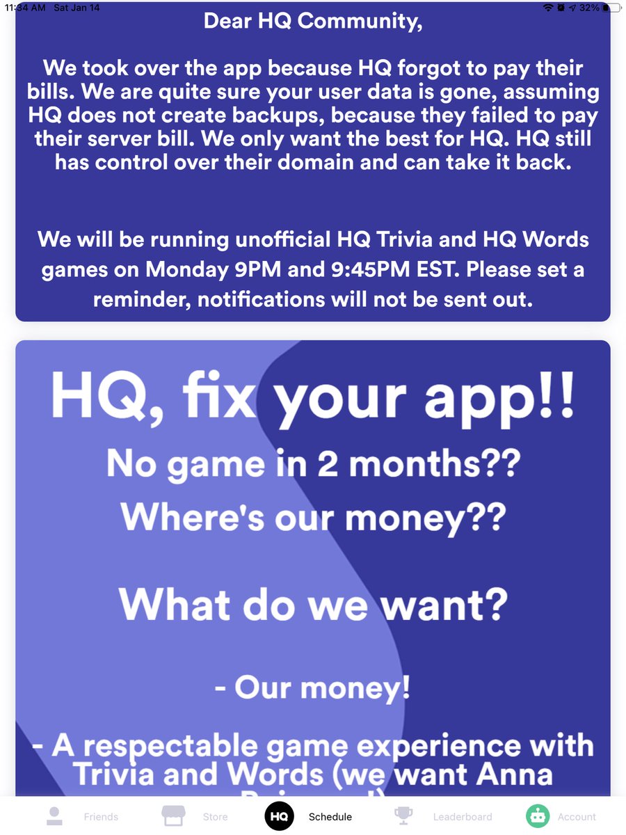 traceyhirt's tweet photo. @hqtrivia I believe this is the confirmation that HQ Trivia is done? https://t.co/TbGZpfVvlm