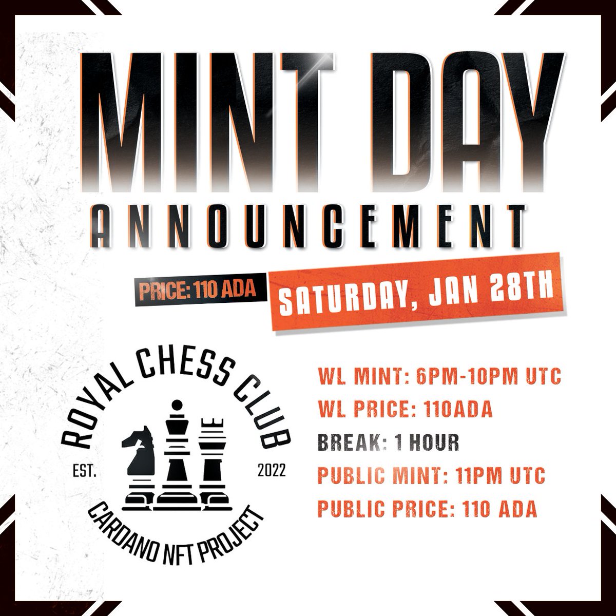Royal_ChessClub's tweet photo. 🔥 Royal Chess Club Mint Day announcement 🔥

We are excited to share that we are going to mint our Chess Piece collection on Jan, 28.

➡️ Price: 110 ADA
➡️ Supply: 4800
➡️ Date: Jan, 28

More info on our Discord!
➡️ Join https://t.co/Im6JU64JvG

Let's go #RCC #Cardano #NFT fam🚀 https://t.co/Dn8xymQkKW
