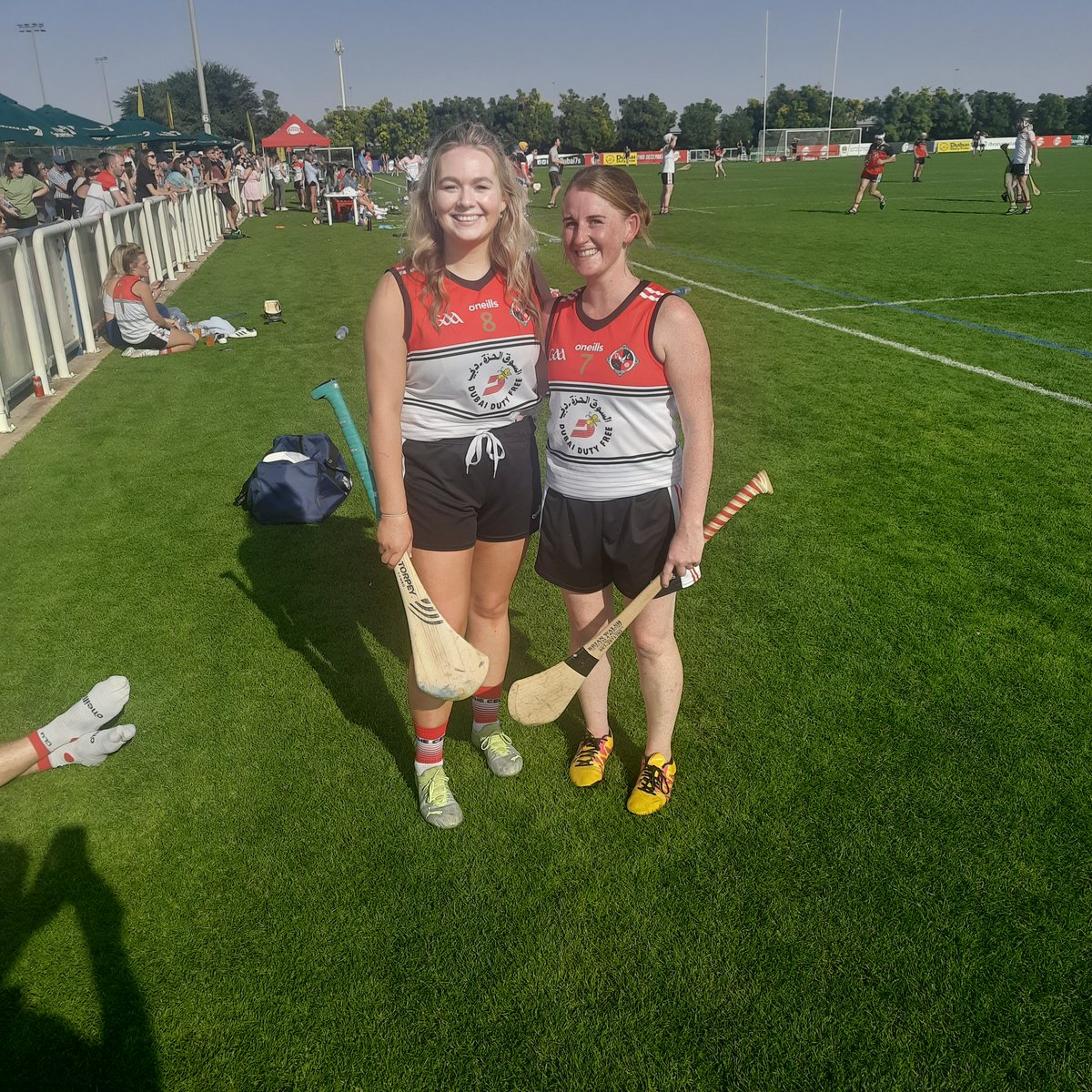 Aoibheann Doyle of Noamh Eanna and Mary o' Leary of Blackwater pictured at round 3 of the Middle East Hurling &amp; Camogie league in Dubai today. Both ladies put in starring performances to help their club Dubai Celts win the ladies Intermediate final. #worldgaa #camogieabroad