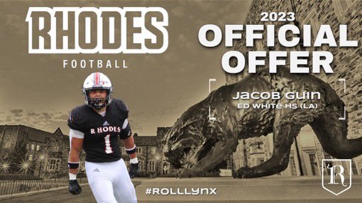 JacobGuin65's tweet photo. Blessed to receive an offer from @RhodesFootball. Thank you @coachrichduncan and @Coach_DiLella for this amazing opportunity!! @KyleLasseigne @ChiassonGrant @RecruitLouisian https://t.co/ITh3sOMexP