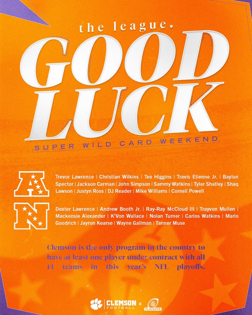 ClemsonFB's tweet photo. the only school in the country with a guy on every playoff team 🐅 https://t.co/dlZ2wPxdXQ