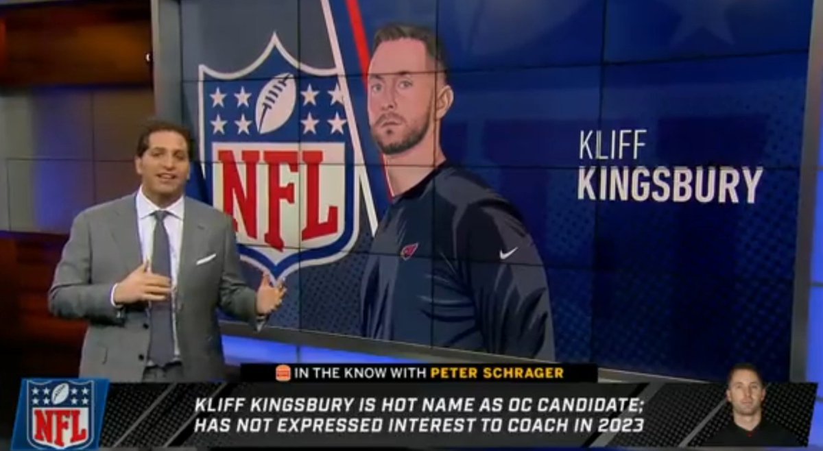 NFL_DovKleiman's tweet photo. FOX: Former #Cardinals coach Kliff Kingsbury has had several teams contact him about interviewing for a job on their coaching staff but he turned them down.

@PSchrags reports that Kliff bought a one-way ticket to Thailand and told teams: "No, I'm good." https://t.co/vfnkEk1uBh