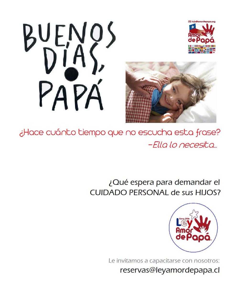 AhoraHijos's tweet image. SÓLO DEPENDE DE USTED
Basta de quejas y lamentos

La invitación está hecha:
CAPACITACIÓN ESPECIALIZADA y PERSONALIZADA ONLINE en #LEYAMORDEPAPÁ
MARTES 17 ENERO-19.00
Trabaje con profesionales realmente especializados 

INFÓRMESE/INSCRÍBASE escribiendo a reservas@leyamordepapa.cl