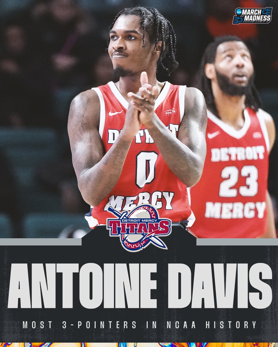 MarchMadnessMBB's tweet photo. Congratulations to @DetroitMBB's Antoine Davis, the new record holder for most 3-pointers in NCAA history. 👏 https://t.co/3TfZmNhMdR