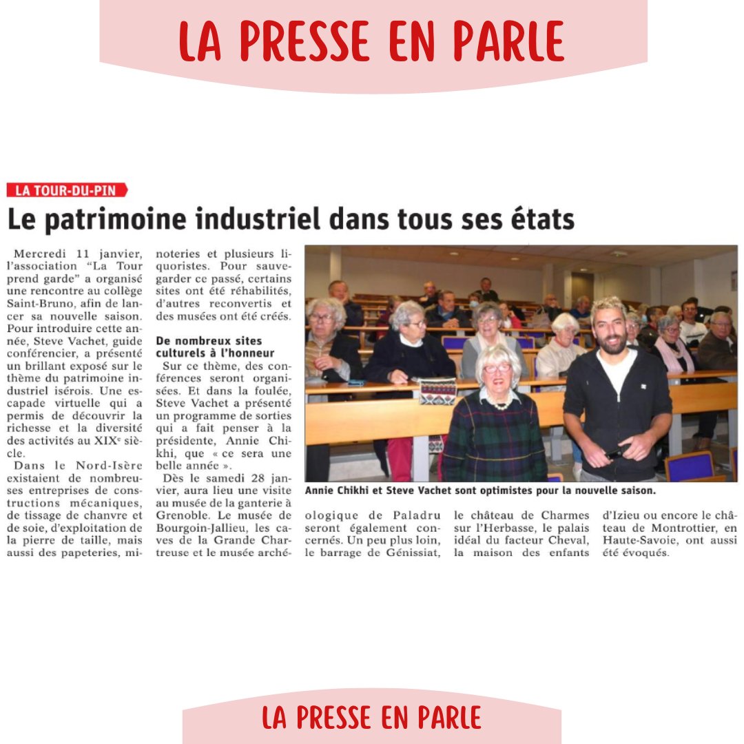 [ #lapresseenparle ]
1er article 2023, suite à ma #conference sur le patrimoine industriel isérois donnée mercredi soir à #latourdupin pour notre #associationlatourprendgarde : merci à la trentaine de personnes qui sont venues !
#jexplorelisere avec #ginstevevotreguidedepoche