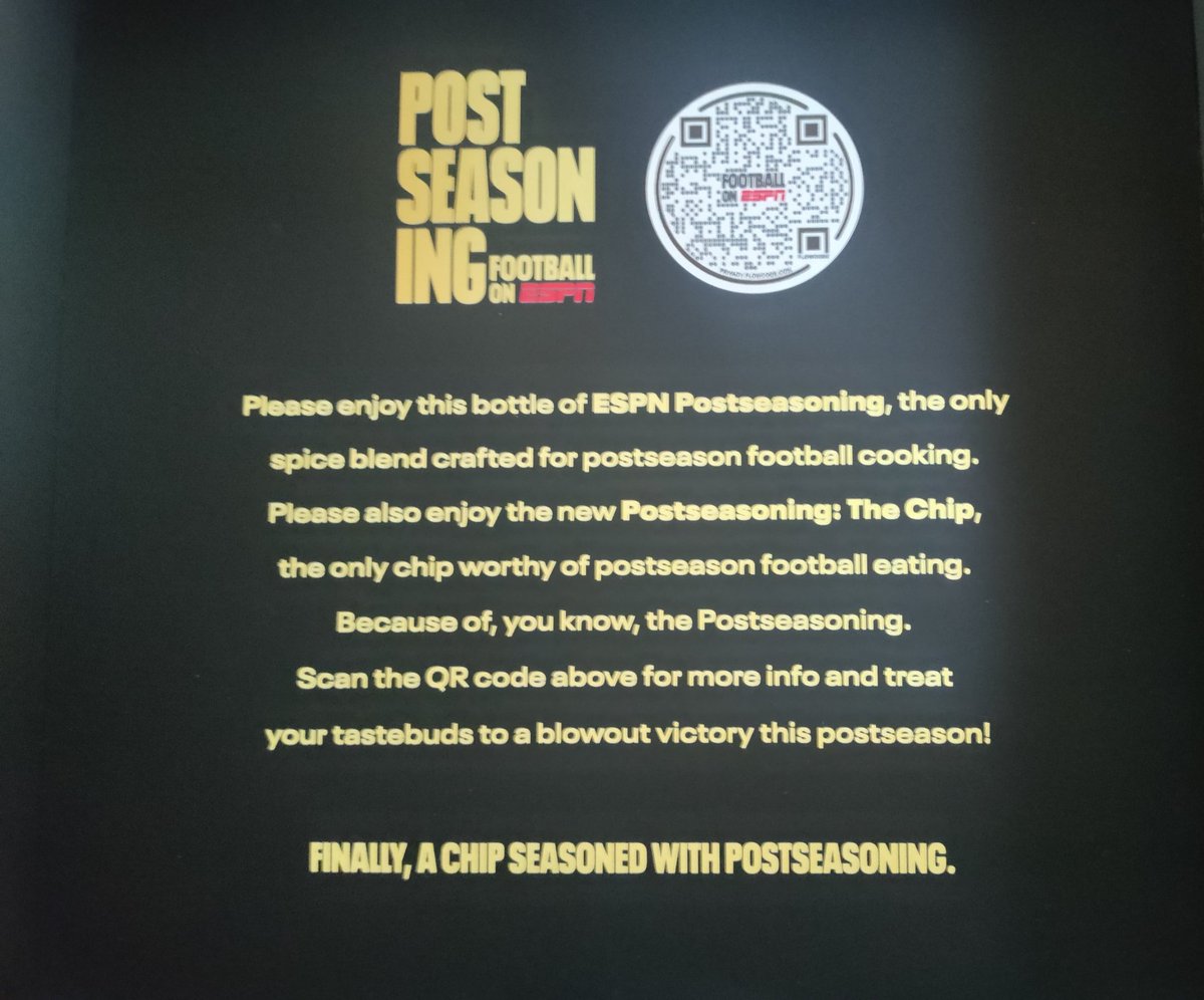Thought this "Postseasoning" package from ESPN was a clever promo. Spice rub and chips strikes me as a good way to promote playoff football: promo.espn.com/postseasoning/. They have the Cowboys-Buccaneers game at 8:15 ET Monday (ESPN/ABC/more: awfulannouncing.com/schedules/your…).