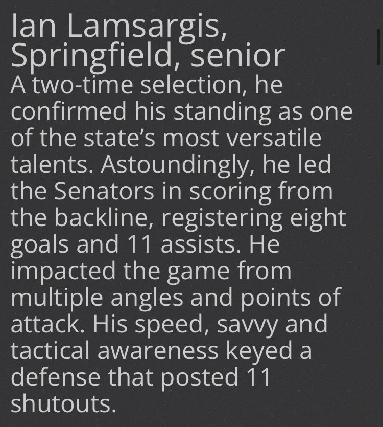 Congrats to Ian Lamsargis being named on the Chicagoland All State team for the second year in a row. Also, congrats to Drew DeJaynes and Vince Pratt being named on the All State watch list for the second year in a row.