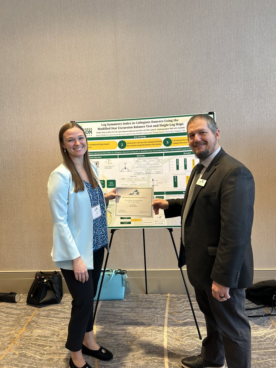 Congratulations to our PhD student Kelley Wiese for winning the Doctoral Oral Free Comm award at the 2023 Virginia Athletic Training Conference for her poster on Leg Symmetry index in dancers! 😀👍<a href="/SMARTLabGMU/">SMART Lab</a> <a href="/MasonCEHD/">George Mason CEHD</a> <a href="/MasonMSAT/">Mason MSAT</a> <a href="/IADMS/">IADMS</a>