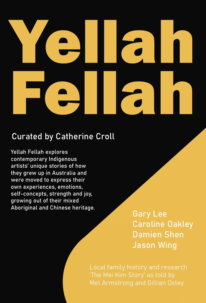 YELLAH FELLAH now open #ManningRegionalArtGallery Tues to Sun - 10am till 4pm           Thanks to the participating artists and families:

#CarolineOakley
#JasonWing
#GaryLee
#DamienShen
&amp;
The Mei Kim Story
Goorie Bugg Dreaming

Special Event:
Saturday 21st January 2pm