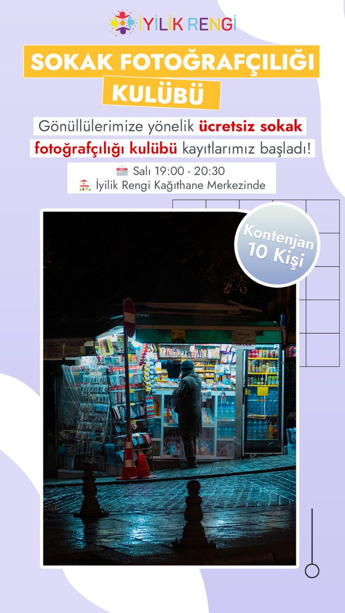 Hem teknik hem pratik hem de estetik algımızı geliştireceğimiz, gönüllülerimize yönelik ücretsiz sokak fotoğrafçılığı kulübü için kayıtlarımız başladı! 📸

✨ Kontenjan: 10 kişi
📍: İyilik Rengi Kağıthane
⏳ : Salı 19:00 - 20:30

Kayıt olmak için bizimle iletişime geçin! 🌻