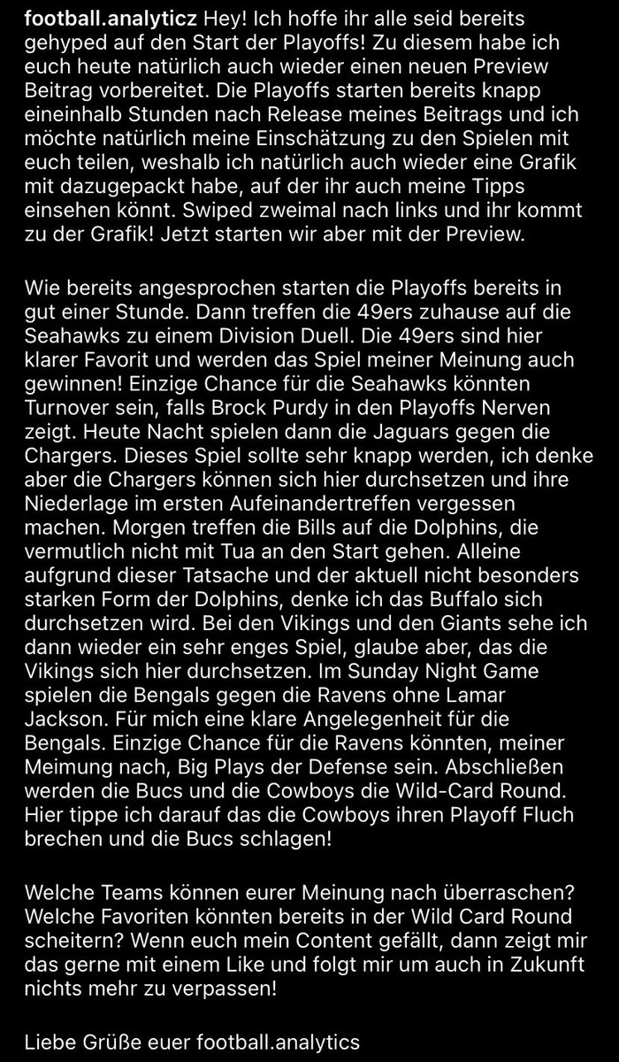 ftbllanalytics's tweet photo. Hey! Zum heutigen Start der Wild-Card Round, gibt es natürlich wieder einen kleinen Prediction Beitrag von mir, für euch! Meine Tipps findet ihr in der beigelegten Grafik natürlich auch. Ich wünsche euch ein geiles Football Wochenende! #ranNFL #ranNFLsuechtig #wildcardweekend https://t.co/TJDJJNE8Xp