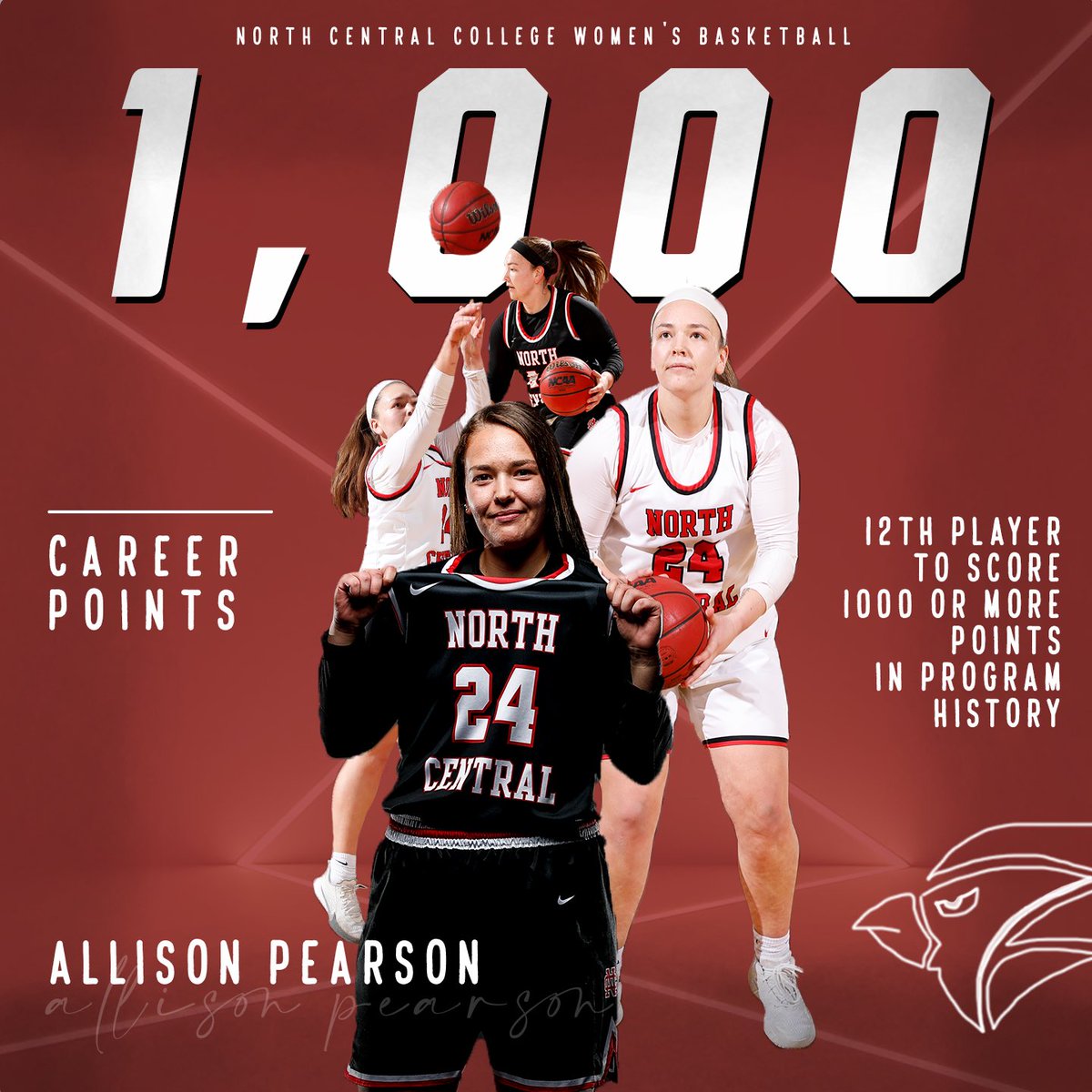With her 5th point of today’s game against Millikin, Allison Pearson becomes the 12th player in <a href="/NCCWBB/">North Central Women’s Basketball</a> history to eclipse the 1,000 point mark! #WeAreNC #d3hoops