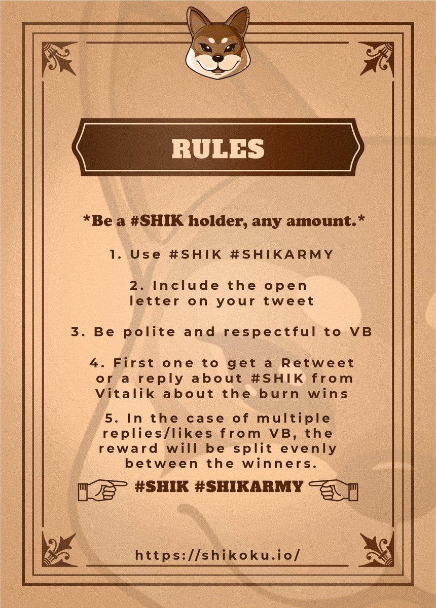 shikokuinucoin's tweet photo. Dear #SHIK army, we want YOU to join us in getting Vitalik to burn! So, we're hosting a Vitalik Tweet Raid competition with a huge reward! (Paid personally by Shikoshi.) Read the rules and get started! #SHIK #SHIKARMY https://t.co/pUeirfZ2ZF