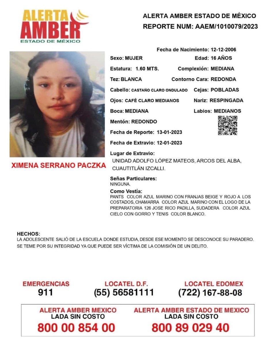 alerta_mujer's tweet photo. 🚨 Solicitamos su valiosa colaboración para localizar a Ximena Serrano Paczka de 16 años de edad, que fue vista por última vez en la Unidad Adolfo López Mateos, Arcos del Alba de Cuautitlán Izcalli.
#niunamas https://t.co/BzAjfU30kR