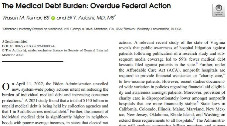 wasan_kumar's tweet photo. Healthcare is expensive - But the costs of healthcare shouldn’t cause more harm than the benefits of care itself. @eadashi and I discuss the sweeping Biden Administration actions to curb medical debt and where we need to go from here in @journalgim (1/7) https://t.co/KiNjvhBjf2