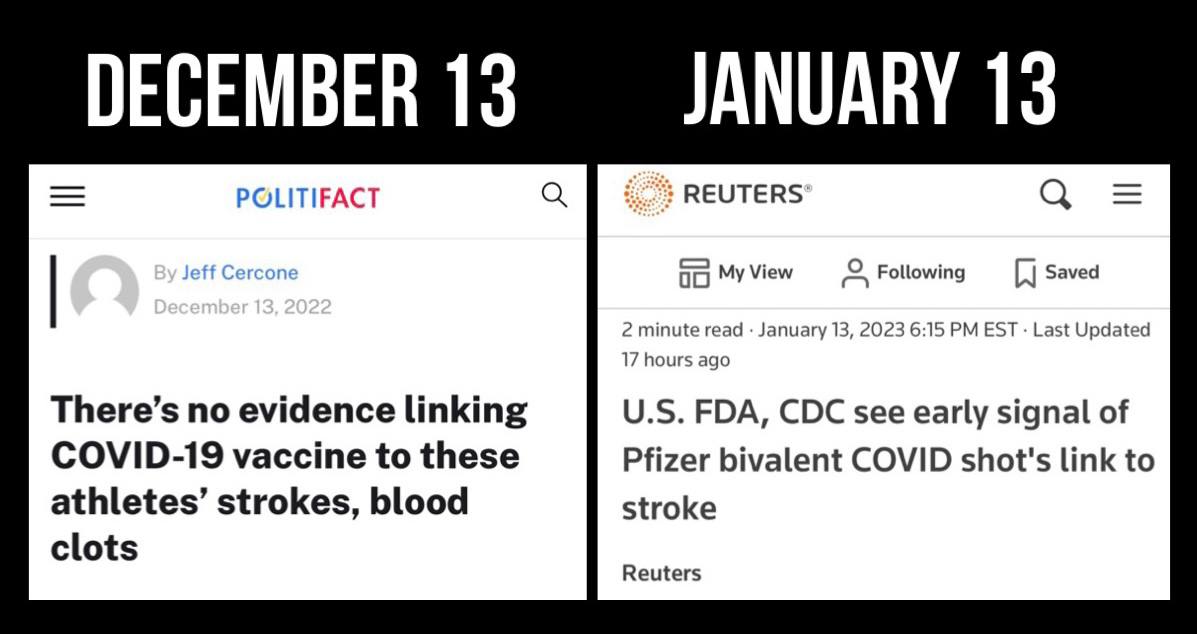 silvano_trotta's tweet photo. 1 Mois sépare ces 2 déclarations

Il n'existe aucune preuve du lien entre le vaccin Covid et les accidents vasculaires cérébraux des athlètes. 

La FDA et les CDC américains constatent les premiers signes d'un lien entre le vaccin covid et les accidents vasculaires cérébraux. https://t.co/jD7yWOumVq