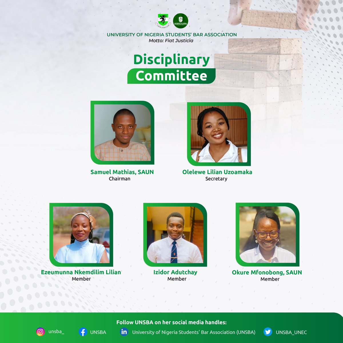 Good day, UNSBAites.

Below are members of UNSBA Disciplinary Committee.

Samuel Mathias, SAUN- Chairman

Olelewe Uzoamaka Lilian- Secretary 

Okure Mfonobong, SAUN

Ezeumunna Lilian

Adutchay Izidor

We trust them in giving their best in discharging their duties.