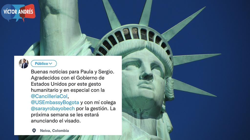 victorandrestt's tweet photo. Buenas noticias para Paula y Sergio. Agradecidos con el Gobierno de Estados Unidos por este gesto humanitario y en especial con la @CancilleriaCol, @USEmbassyBogota y con mí colega @sarayrobayobech por la gestión. La próxima semana se les estará anunciando el visado. https://t.co/ESbKr0ZYv6