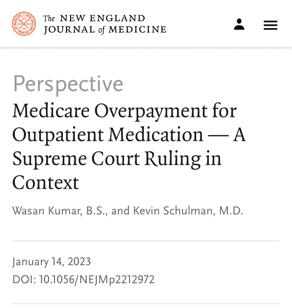 wasan_kumar's tweet photo. Today in @NEJM, @kevin_schulman and I discuss the 340B program, a drug discount program designed to help safety net hospitals that has since ballooned, with a recent Supreme Court case resulting in a potential multi-billion dollar federal settlement to hospitals (1/8) https://t.co/eAGOYEeyXj